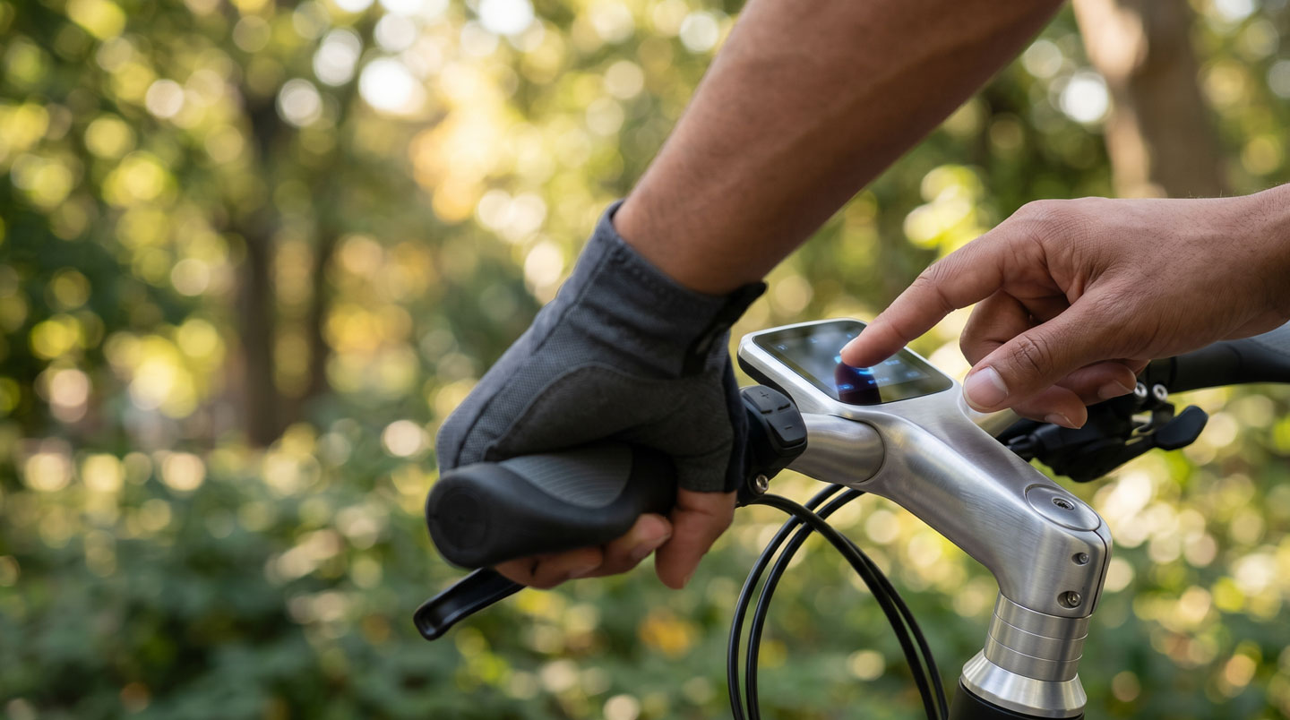 Personne vérifiant le niveau de charge de la batterie d'un vélo électrique avant une sortie au bord du lac
