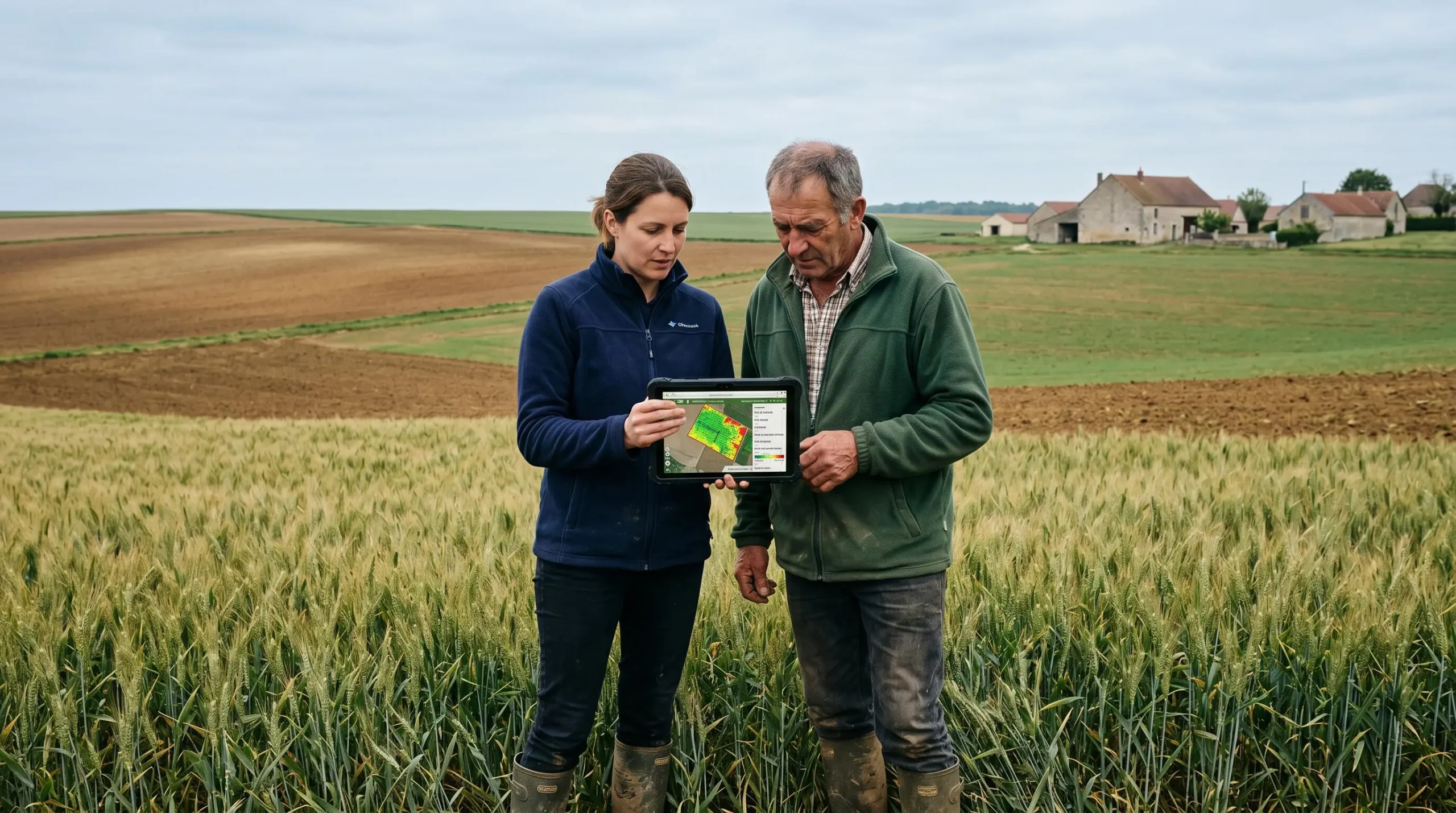 Un agronome-conseil et un exploitant agricole en discussion au milieu d'une parcelle de céréales dans la région Champagne, consultant ensemble une tablette affichant une carte géomatique parcellaire avec données de cultures