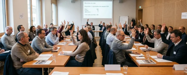 Assemblée générale de sociétaires d'une banque coopérative avec participants de profils variés levant la main pour voter, documents sur les tables et écran affichant les résultats en français dans une salle de réunion contemporaine
