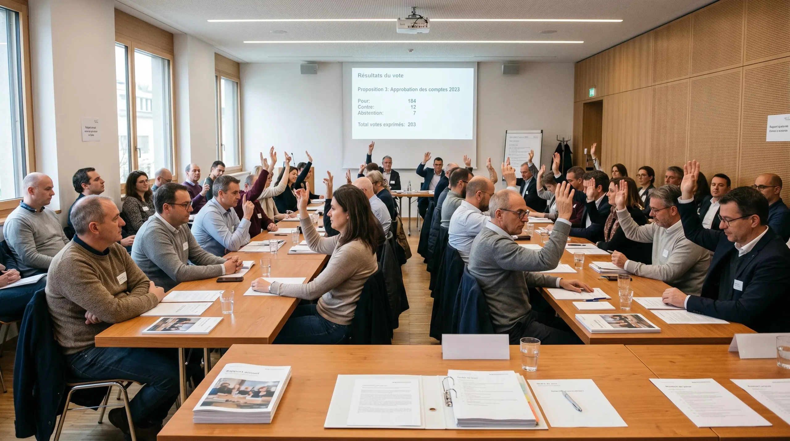 Assemblée générale de sociétaires d'une banque coopérative avec participants de profils variés levant la main pour voter, documents sur les tables et écran affichant les résultats en français dans une salle de réunion contemporaine