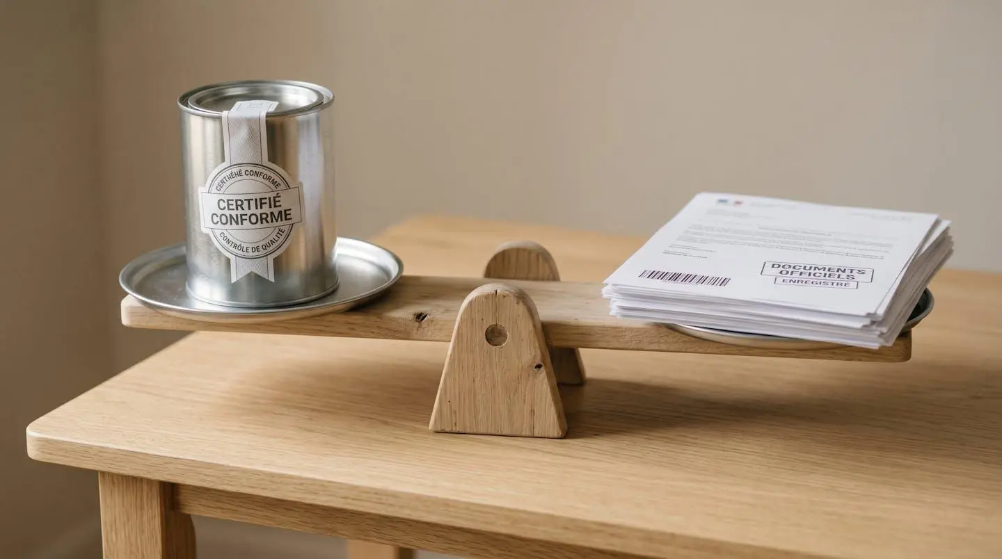 Balance en bois avec bidon métallique certifié et documents de traçabilité symbolisant le choix rigoureux d'un collecteur d'huile usagée fiable