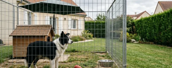 Border Collie adulte dans un enclos extérieur grillagé spacieux équipé d'une niche en bois, gamelle d'eau, jouets Kong et zone ombragée sous parasol, installé dans un jardin périurbain français avec pelouse et haie, lumière naturelle d'après-midi