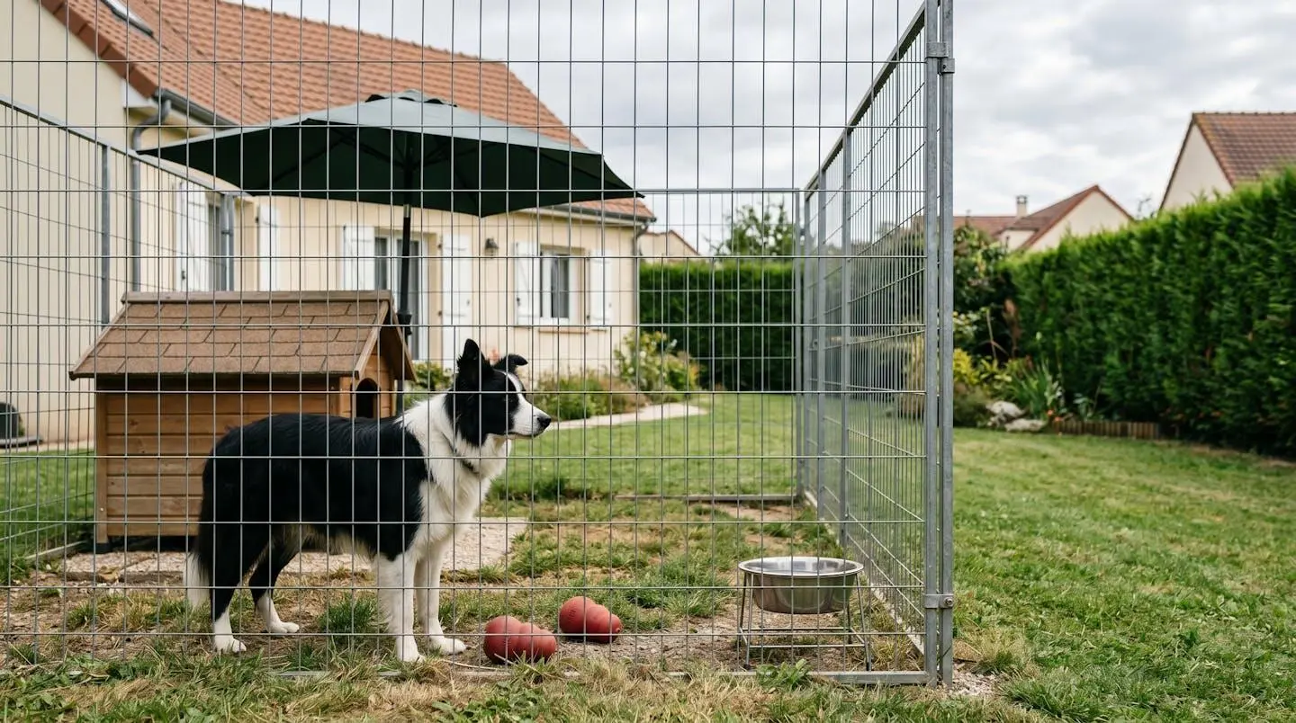 Border Collie adulte dans un enclos extérieur grillagé spacieux équipé d'une niche en bois, gamelle d'eau, jouets Kong et zone ombragée sous parasol, installé dans un jardin périurbain français avec pelouse et haie, lumière naturelle d'après-midi