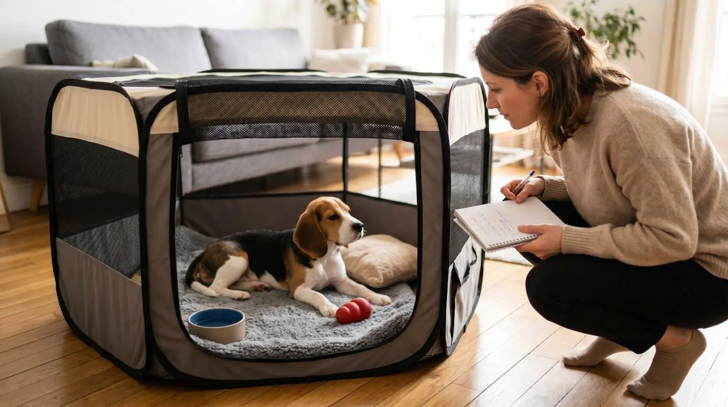 Chiot Beagle de 4 mois couché dans un petit enclos intérieur pliable avec tapis, gamelle et jouet Kong, observé par une femme accroupie avec carnet de notes dans un salon contemporain français à parquet clair