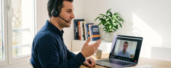 Closer professionnel en appel visio depuis son bureau à domicile, avec ordinateur portable, casque micro et carnet de notes, dans un environnement de travail contemporain lumineux