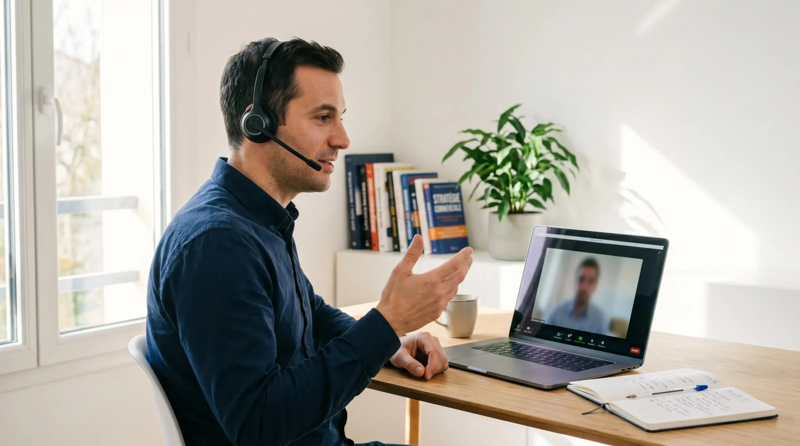 Closer professionnel en appel visio depuis son bureau à domicile, avec ordinateur portable, casque micro et carnet de notes, dans un environnement de travail contemporain lumineux