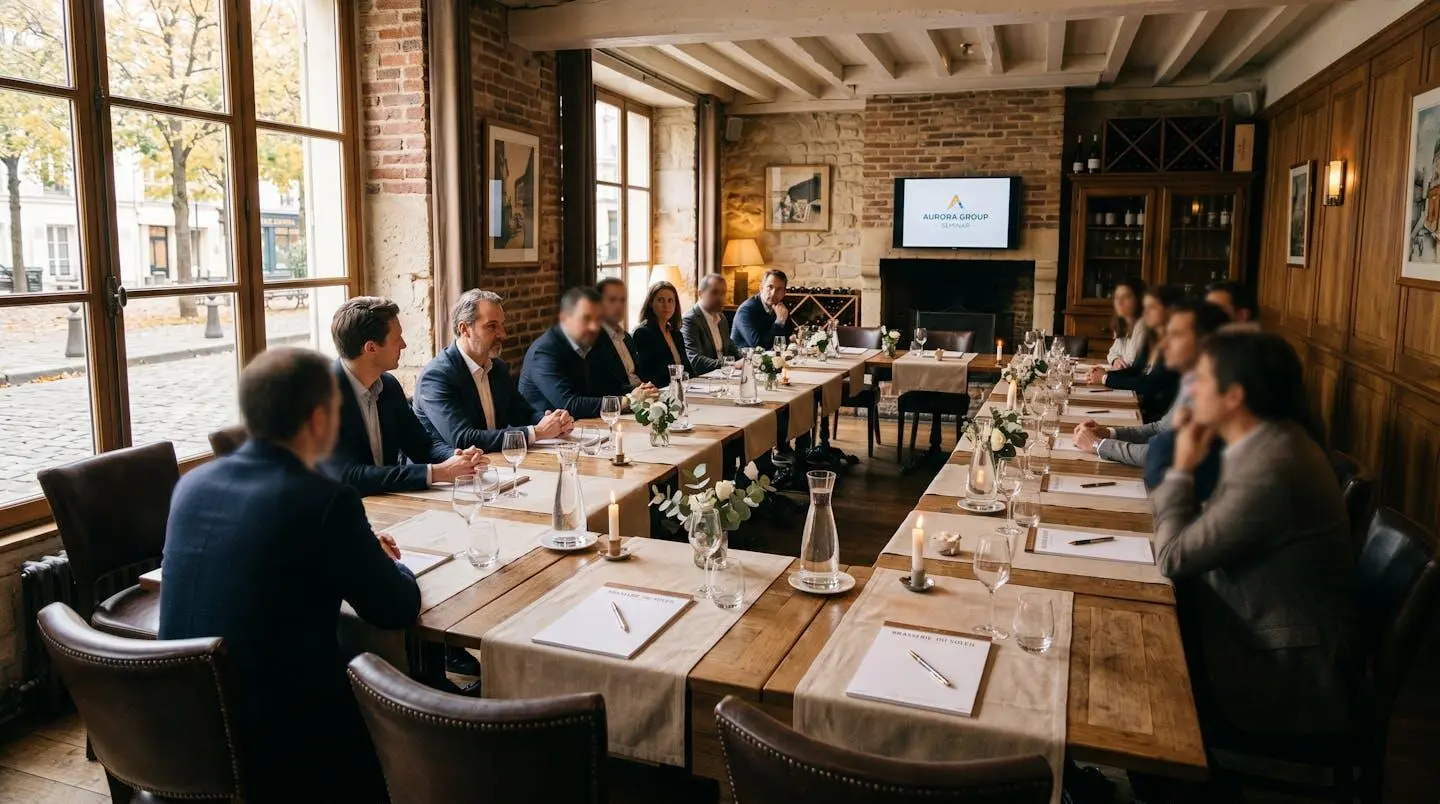 Configuration en U d'une salle privée de restaurant pour un séminaire d'entreprise avec matériel de présentation