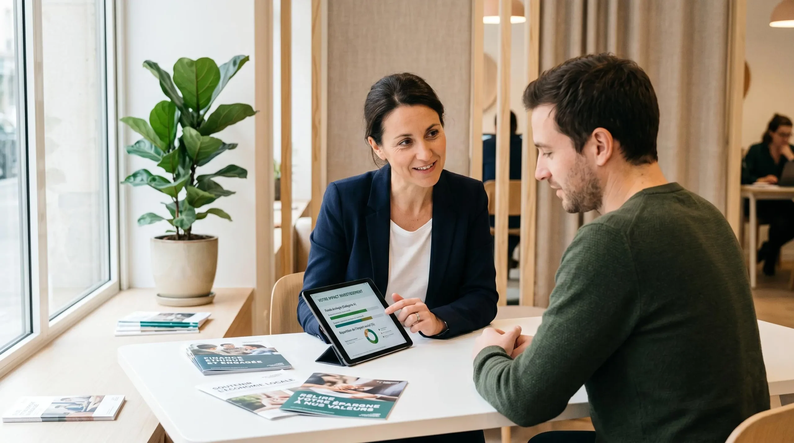 Conseillère bancaire présentant à un client des produits d'investissement à impact social sur une tablette dans une agence de banque coopérative moderne