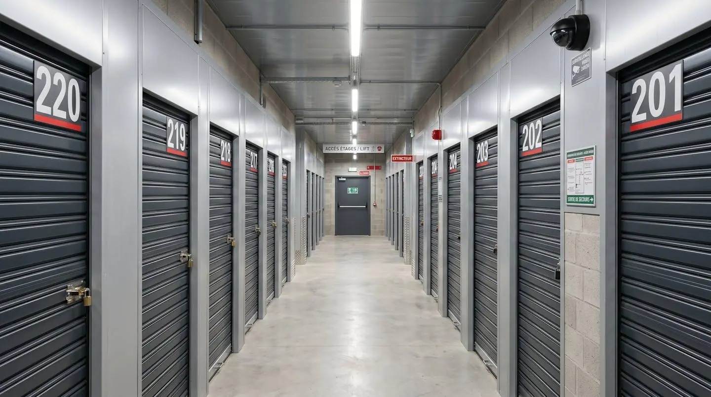 Couloir d'un centre de self-stockage Resotainer avec portes métalliques sécurisées numérotées, caméra de vidéosurveillance et signalétique moderne