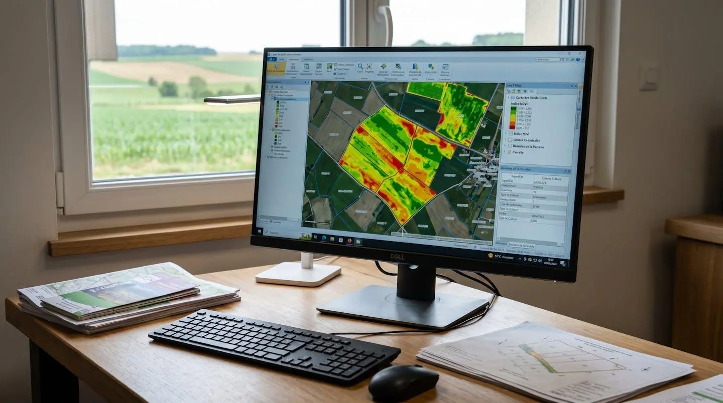 Écran d'ordinateur professionnel affichant une interface de cartographie géomatique agricole avec données parcellaires colorées (zones de rendement, NDVI) et légendes en français, bureau d'agence de conseil avec paysage agricole visible par la fenêtre