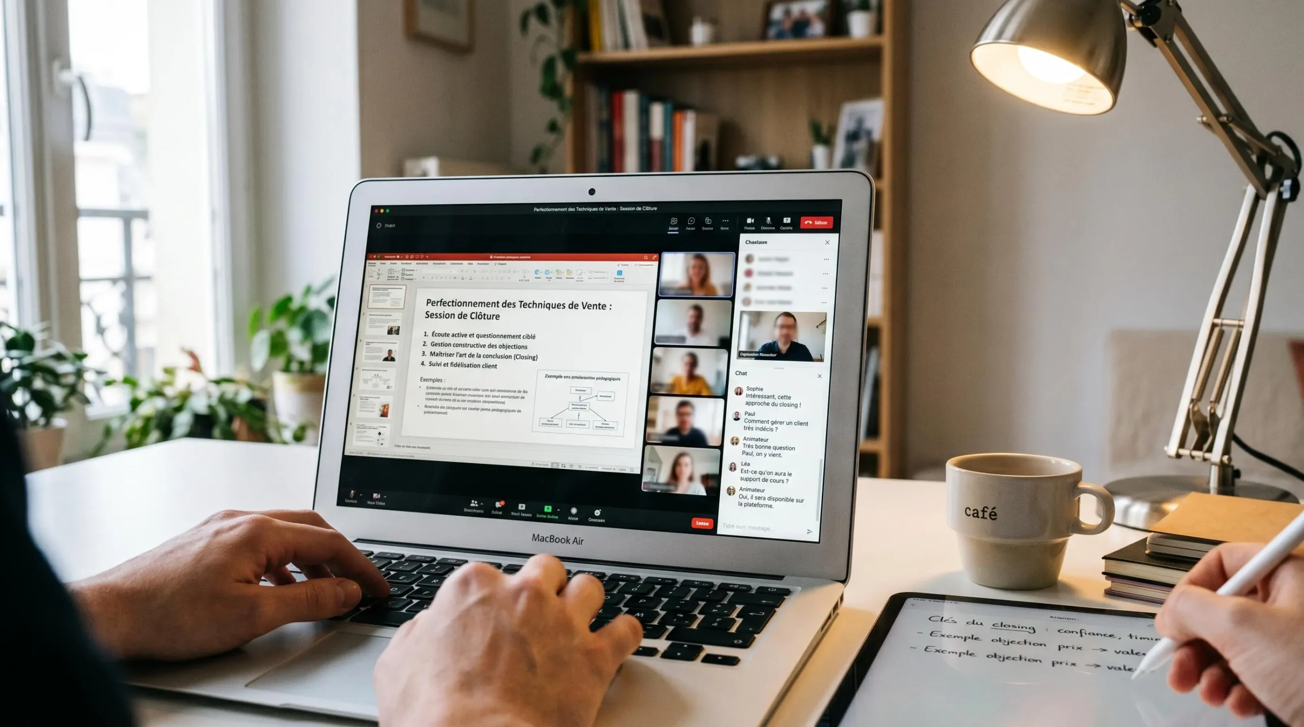 Écran d'ordinateur affichant une session de formation en ligne au closing avec interface de classe virtuelle, participants et contenu pédagogique en français