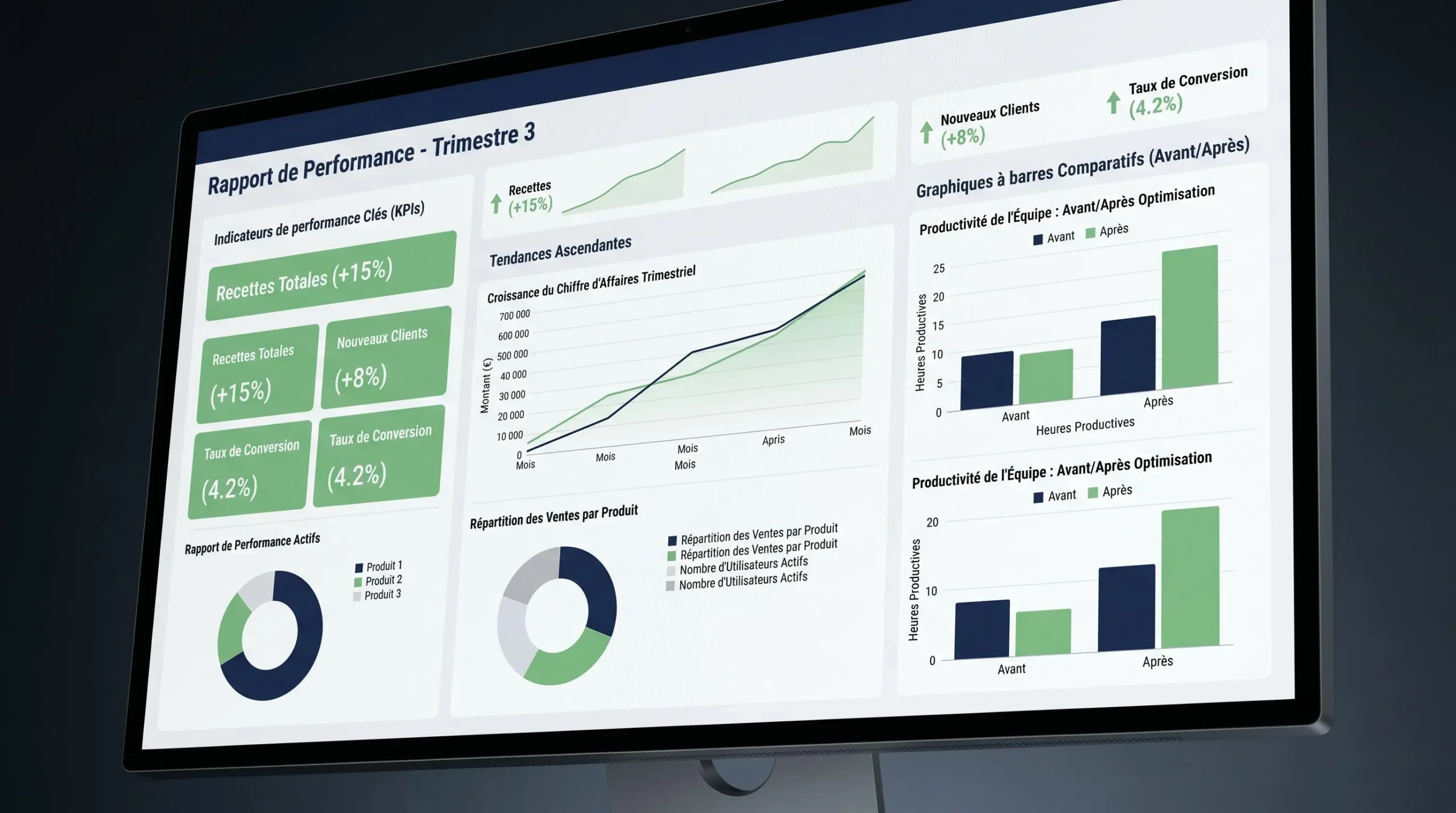 Écran professionnel affichant un tableau de bord analytique avec graphiques de performance et indicateurs de gains de productivité