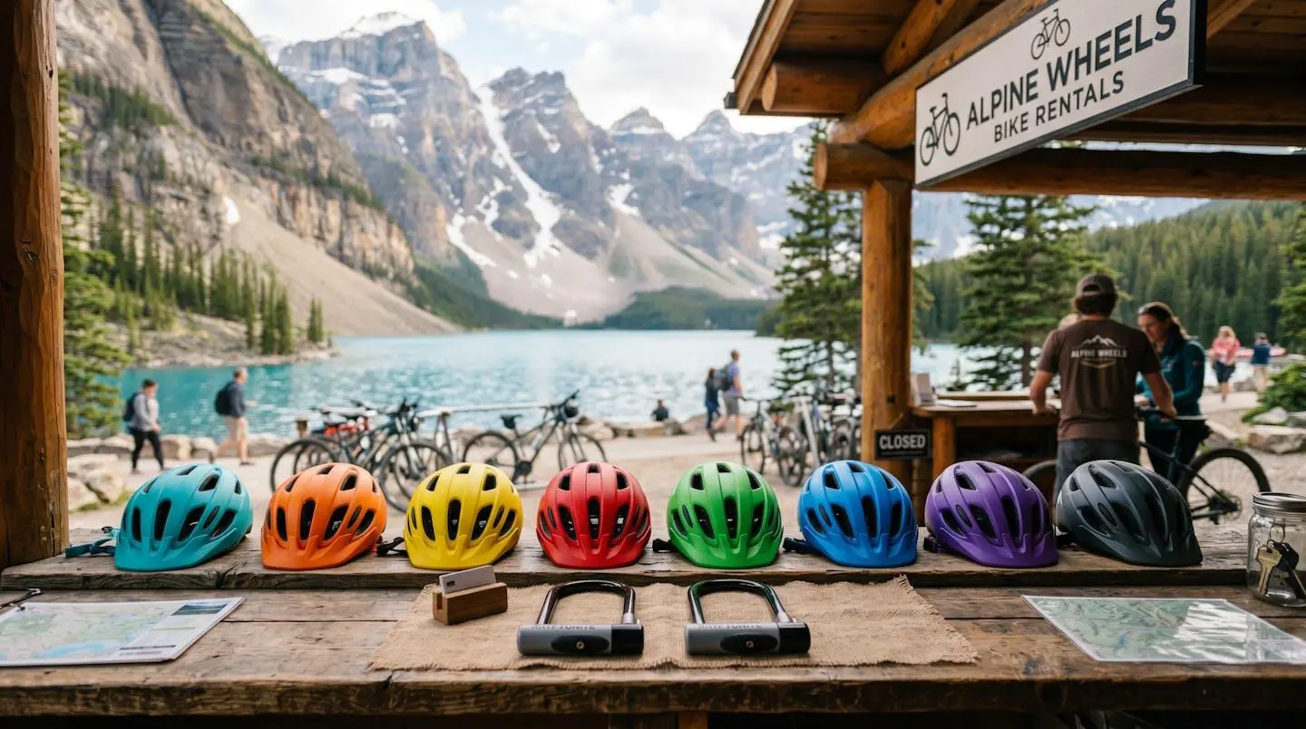 Casques de vélo colorés et antivols posés sur un comptoir de loueur, lac d'Annecy en arrière-plan