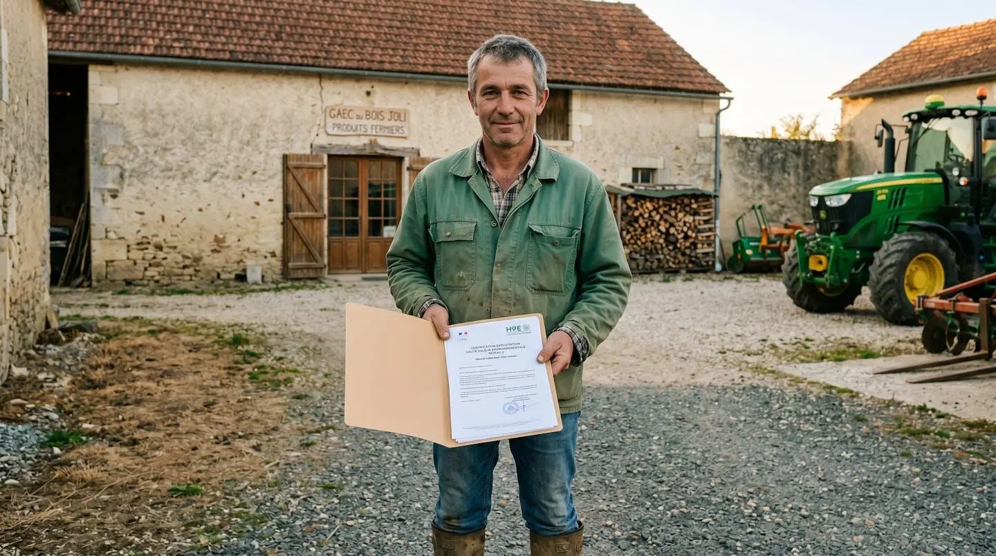 Un exploitant agricole dans sa cour de ferme tenant un dossier de certification HVE niveau 3 avec documents officiels visibles, tracteur et bâtiments d'exploitation en arrière-plan