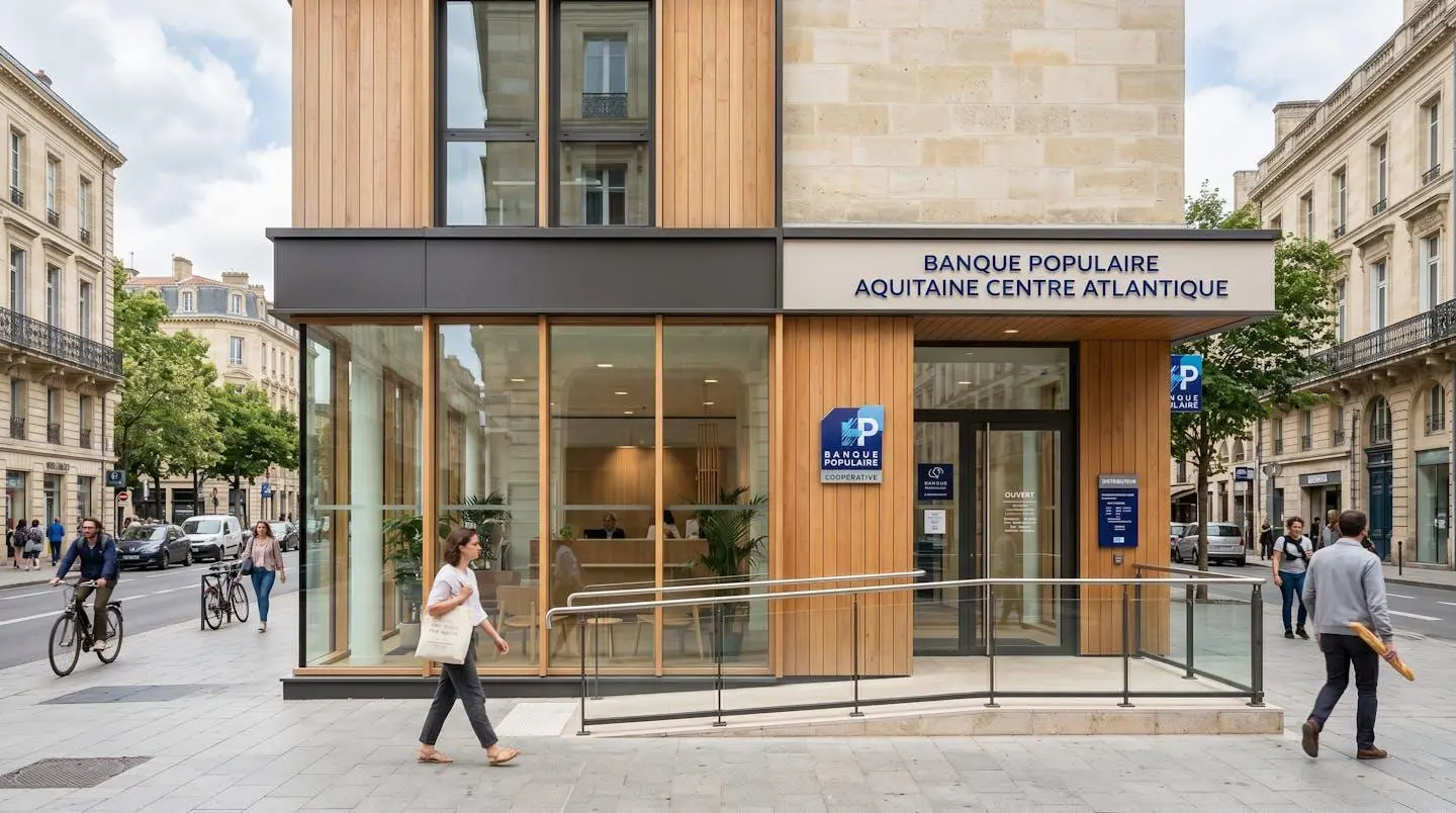 Façade extérieure contemporaine d'une agence de banque coopérative française avec enseigne en français et entrée accessible dans un contexte urbain typiquement français
