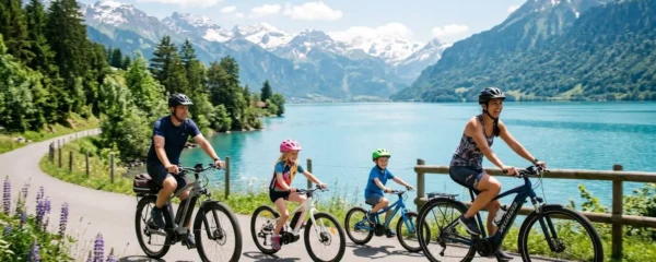 Famille sur des vélos électriques longeant les rives du lac d'Annecy par une journée ensoleillée
