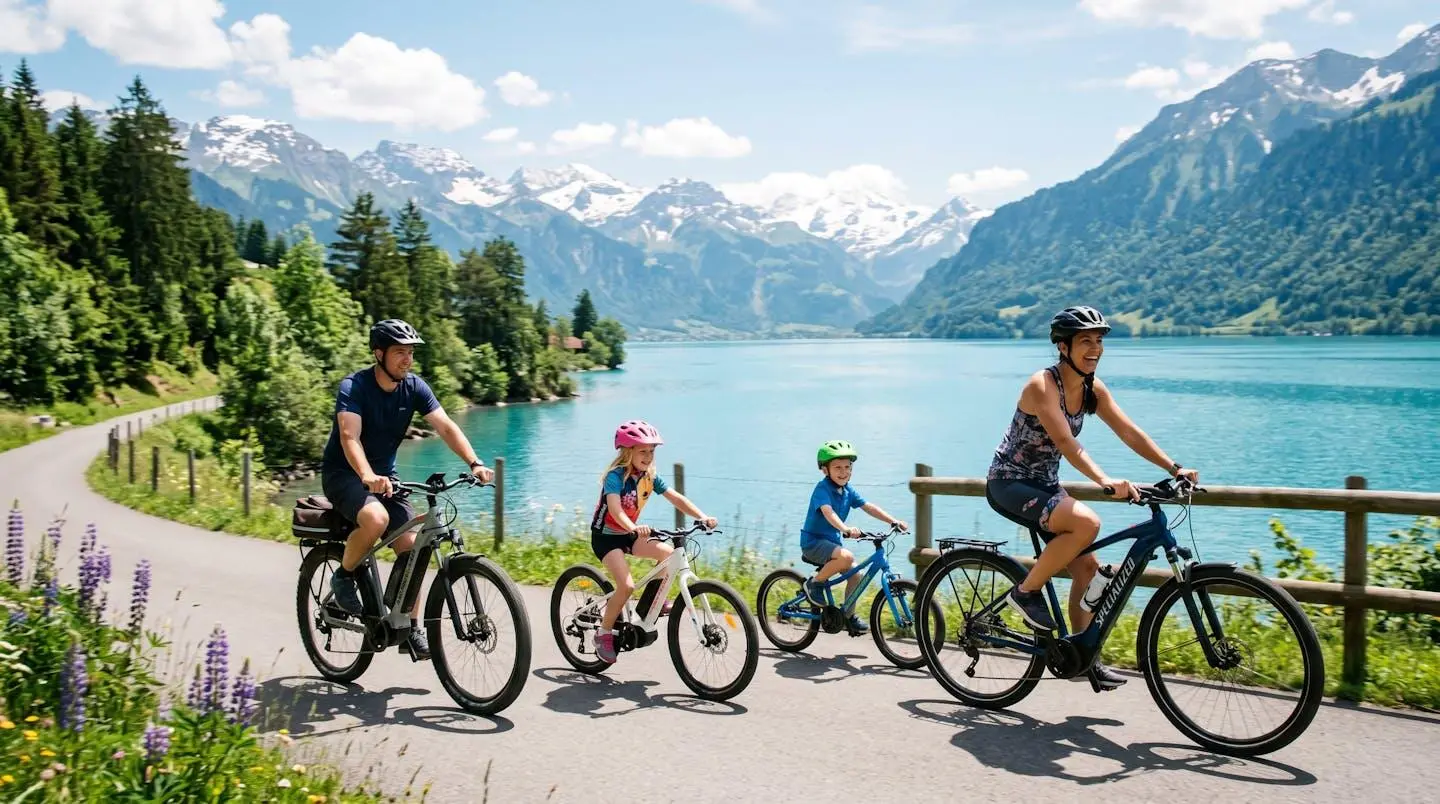 Famille sur des vélos électriques longeant les rives du lac d'Annecy par une journée ensoleillée