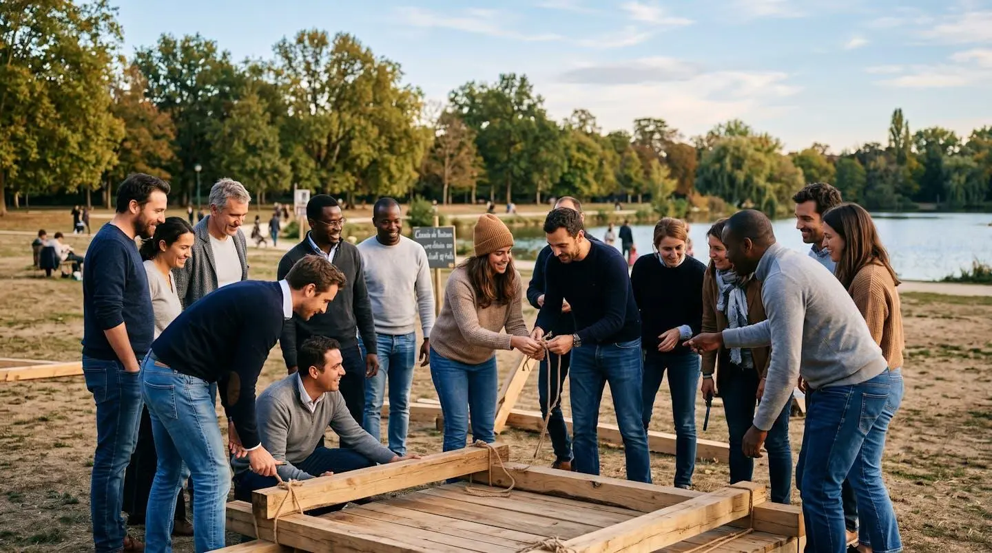 Groupe de collaborateurs assemblant une structure en bois lors d'un team building outdoor dans un parc en France, en pleine interaction collaborative sous une lumière dorée d'après-midi