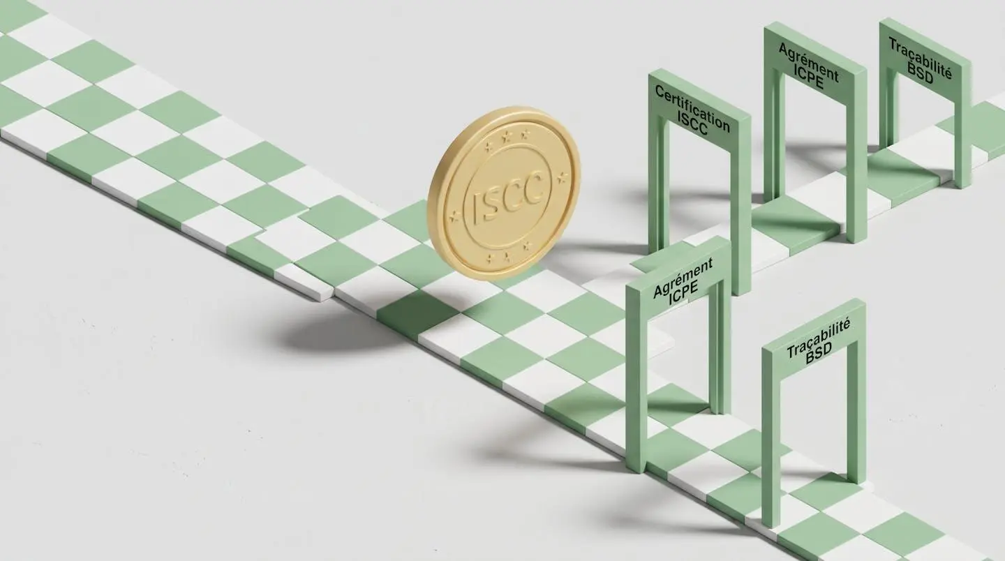 Illustration isométrique d'un parcours de certification ISCC avec agrément ICPE et traçabilité représentés par des portes symboliques