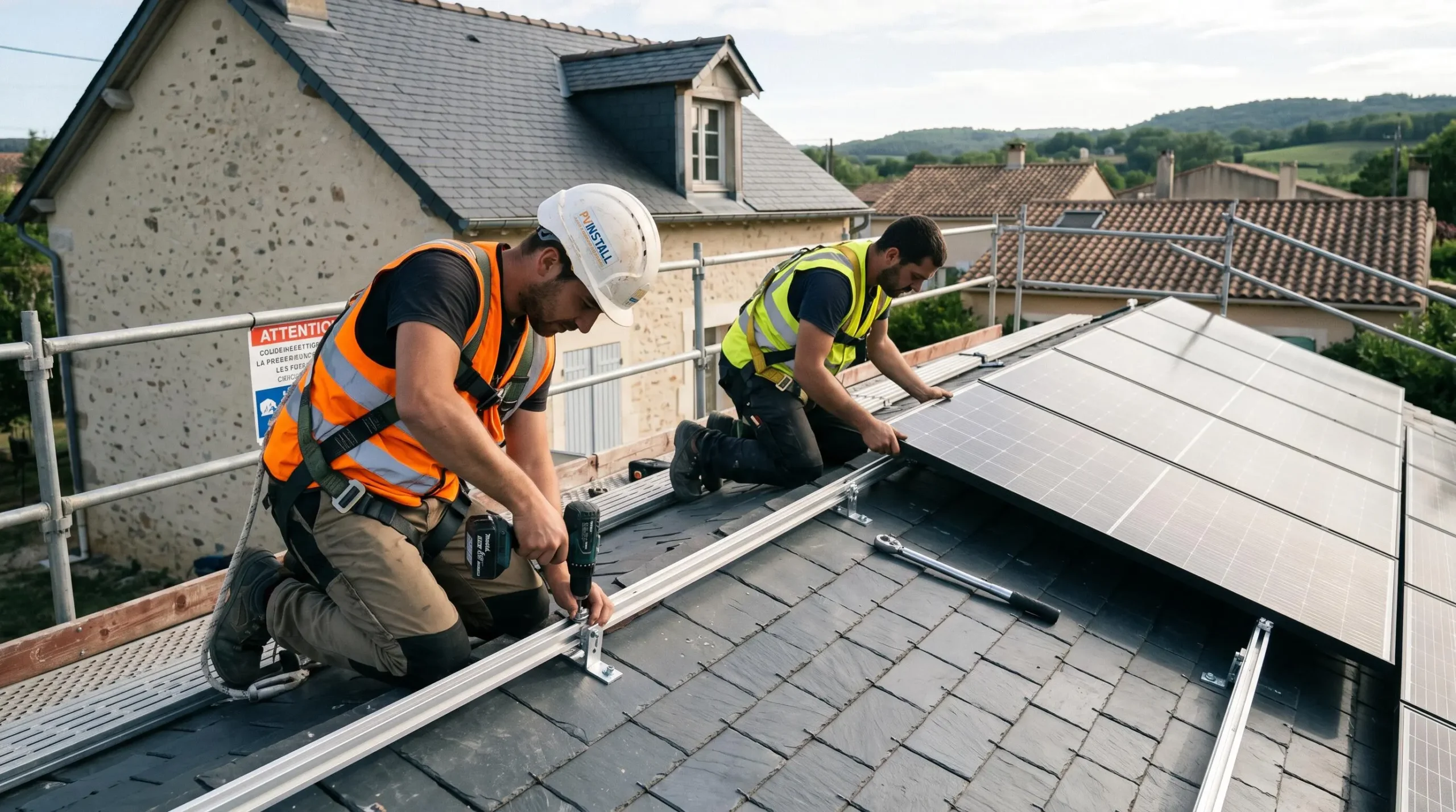 Deux installateurs professionnels en équipement de sécurité fixant un panneau photovoltaïque sur les rails de montage d'une toiture résidentielle lors d'un chantier actif