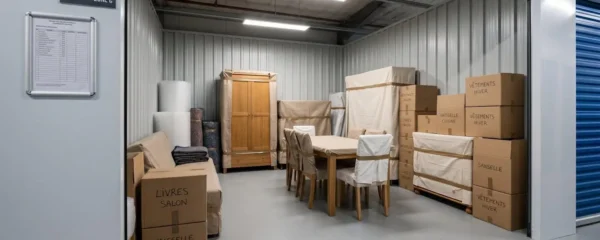 Intérieur d'un box de stockage professionnel avec meubles protégés par des housses, organisation optimale avec espace entre les éléments, sol en béton propre et éclairage LED