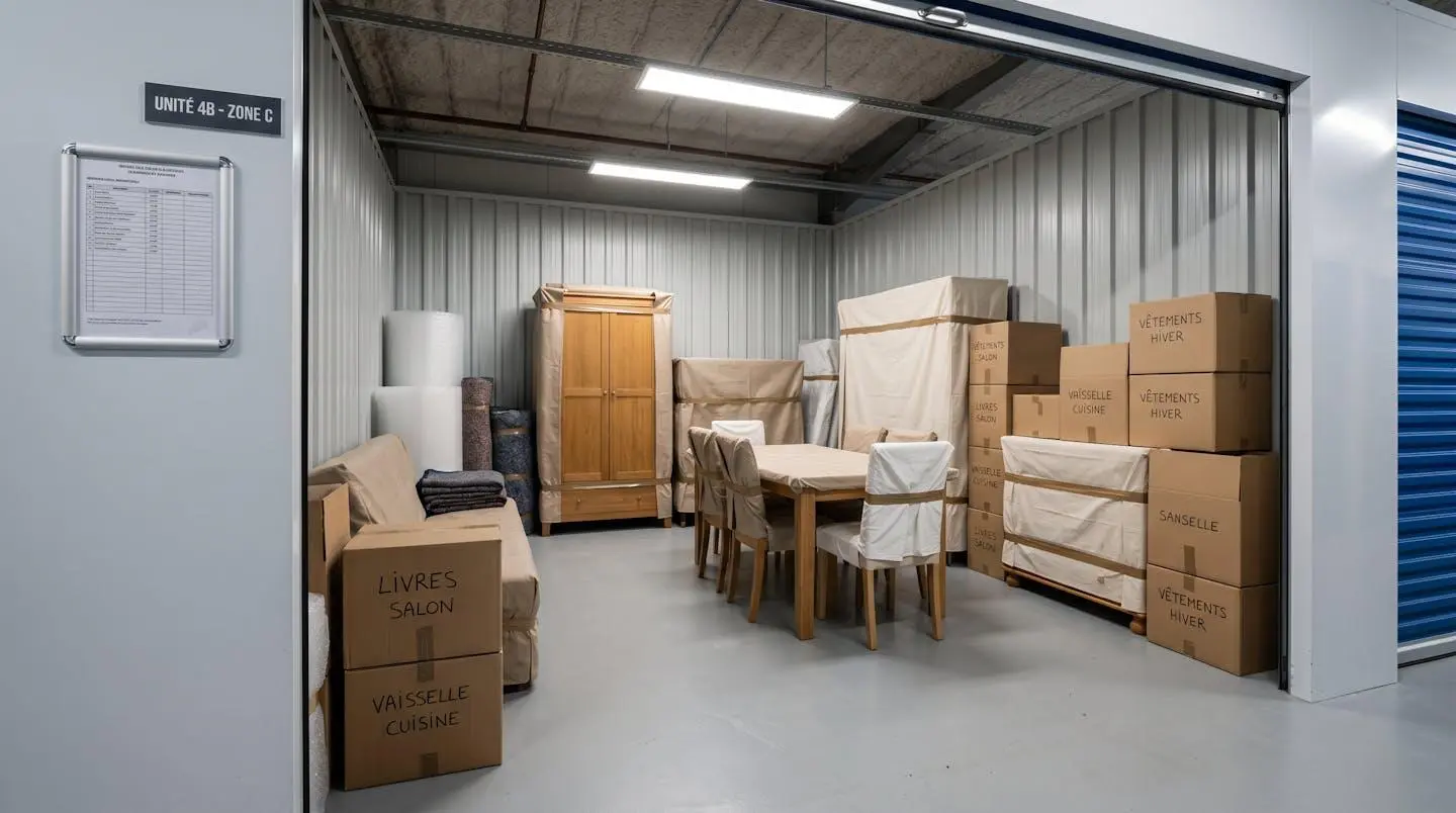 Intérieur d'un box de stockage professionnel avec meubles protégés par des housses, organisation optimale avec espace entre les éléments, sol en béton propre et éclairage LED