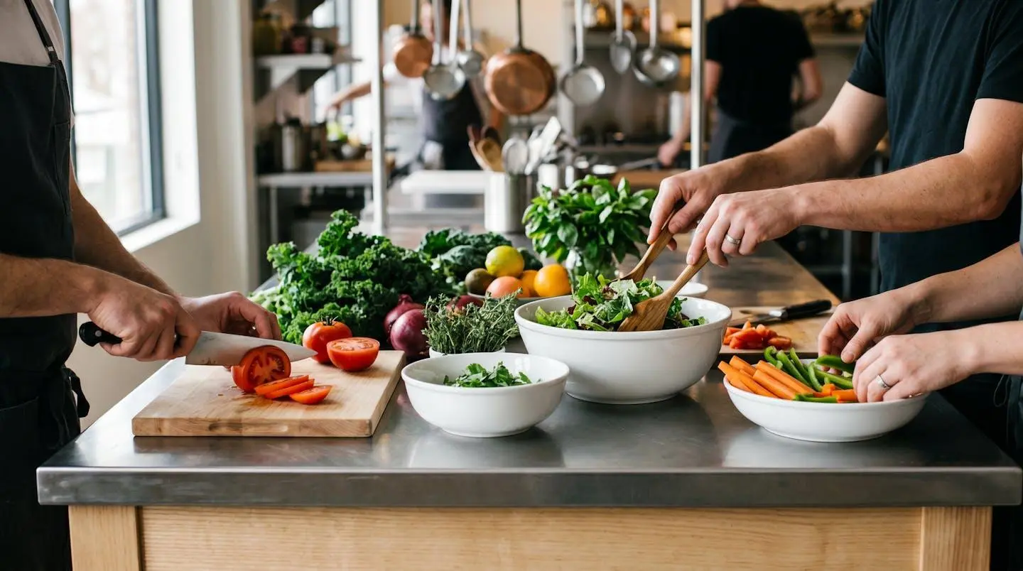 Plusieurs mains collaborant à la préparation d'ingrédients frais sur un îlot de cuisine professionnelle lors d'un atelier culinaire de team building