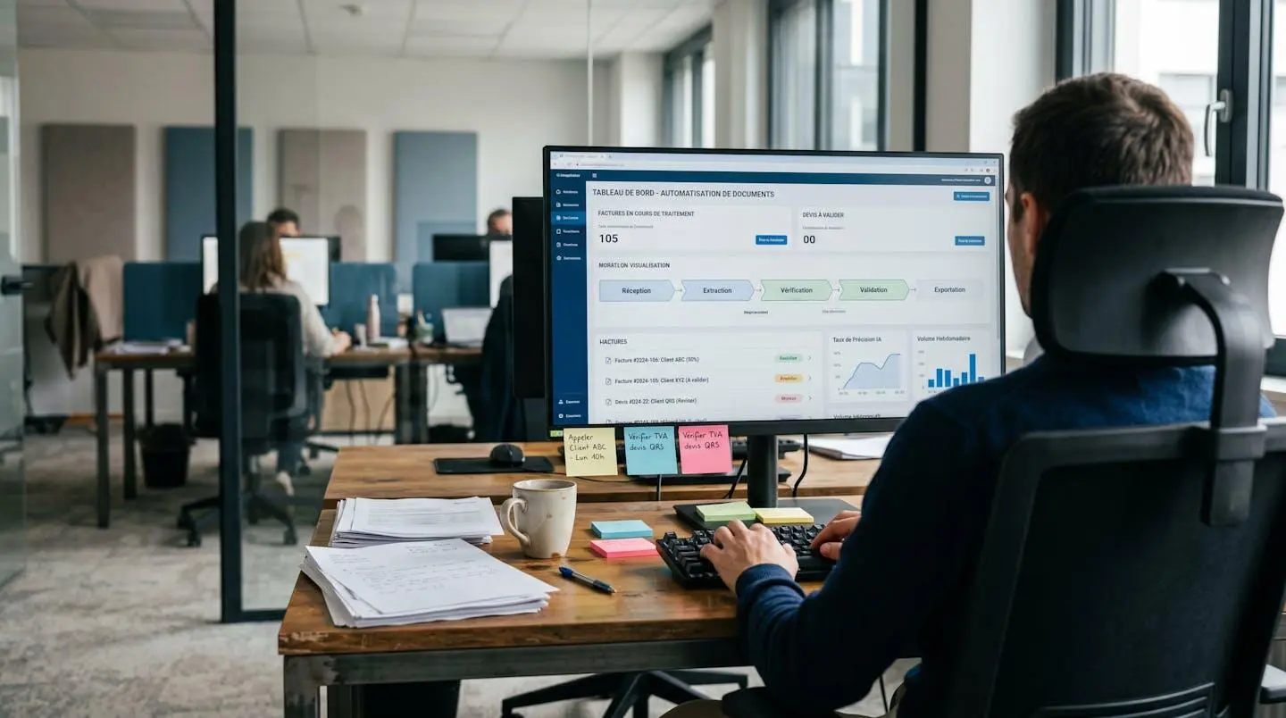 Poste de travail professionnel montrant un tableau de bord d'automatisation documentaire avec interface de gestion de factures et devis
