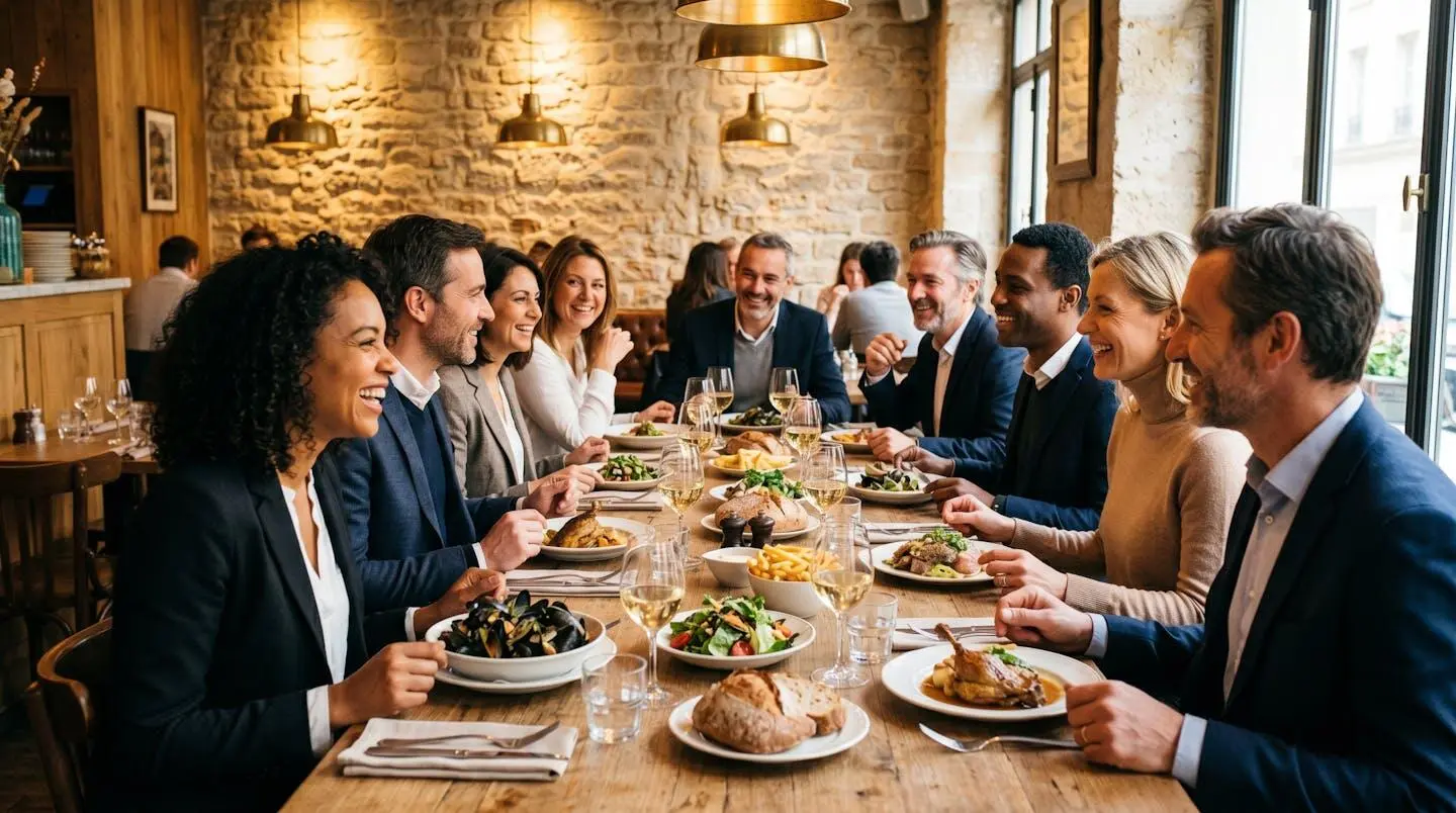 Groupe de professionnels partageant un repas dans une salle privée de brasserie à Annecy, ambiance détendue et conviviale