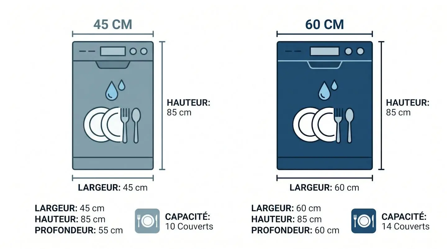 Schéma comparatif dimensions lave-vaisselle encastrable 45 cm et 60 cm
