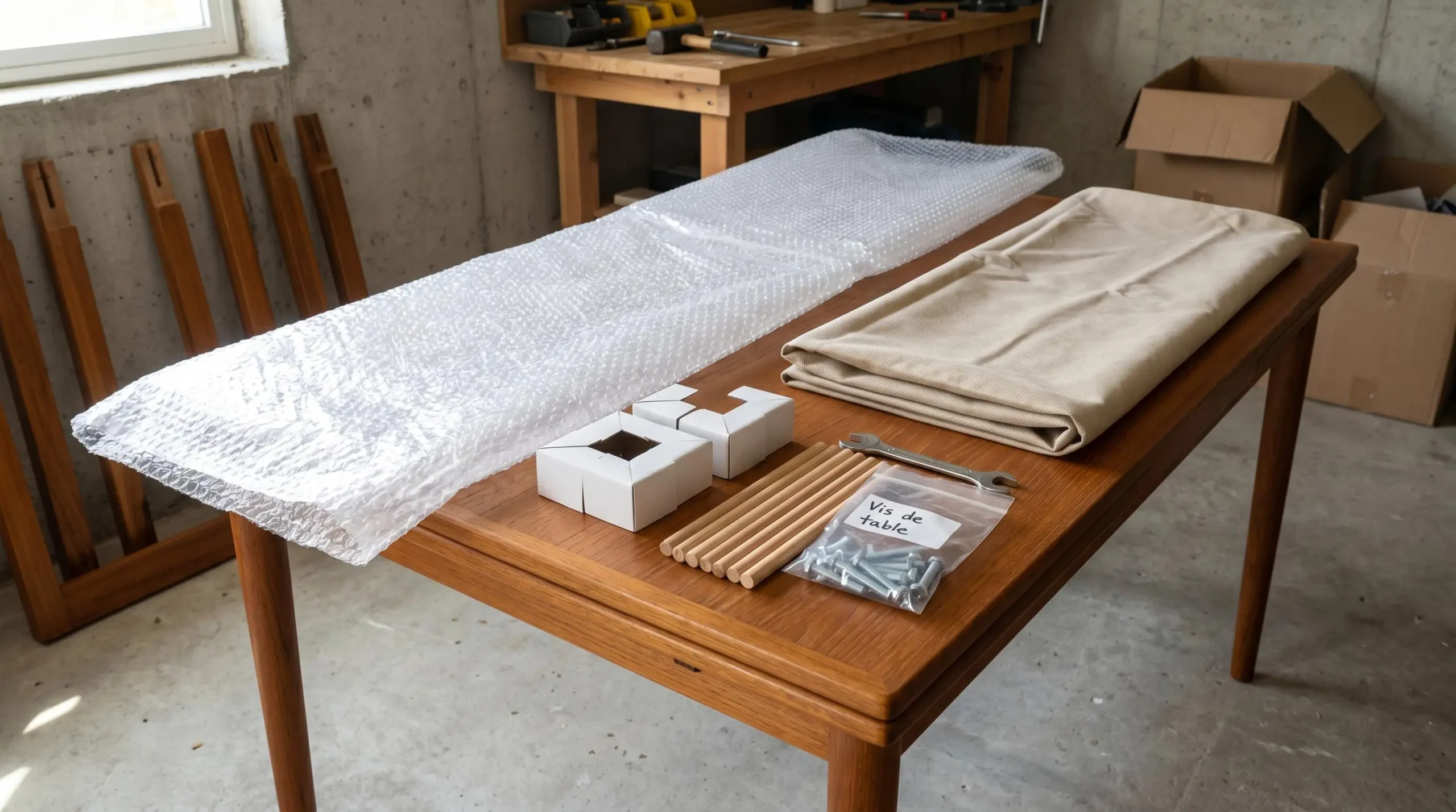 Table en bois en cours de préparation pour stockage avec film à bulles, housses respirantes et protections d'angle en carton, vis organisées dans un sachet étiqueté
