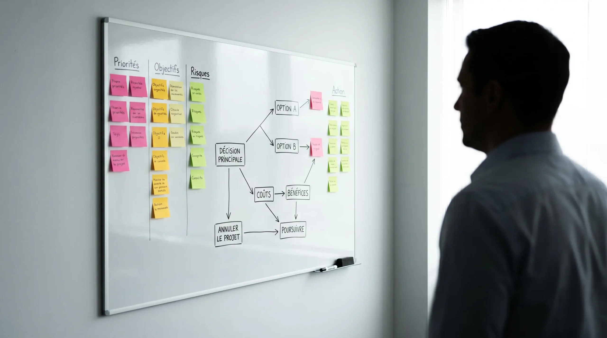 Tableau blanc moderne couvert de post-its colorés et d'un diagramme de décision avec une personne de dos en train de planifier, dans une salle de réunion lumineuse