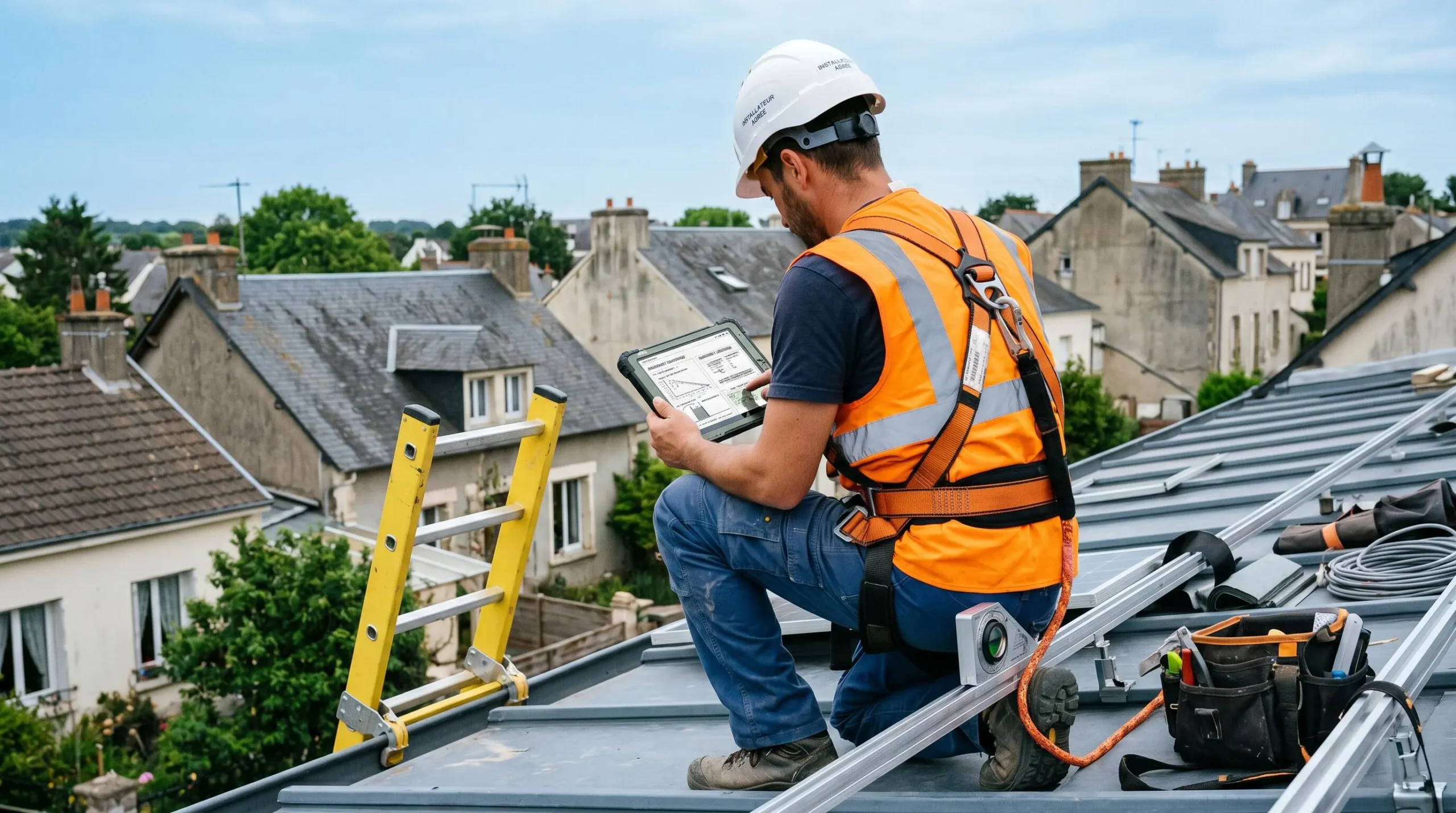 Technicien certifié RGE en équipement de sécurité réalisant des mesures d'ensoleillement sur une toiture résidentielle avec outils professionnels et tablette numérique