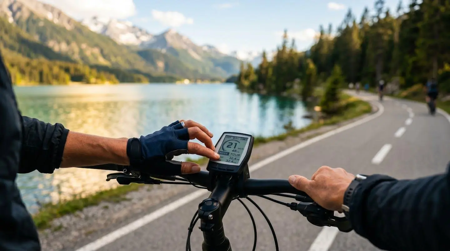 Personne vérifiant le niveau de charge de la batterie d'un vélo électrique avant une sortie au bord du lac