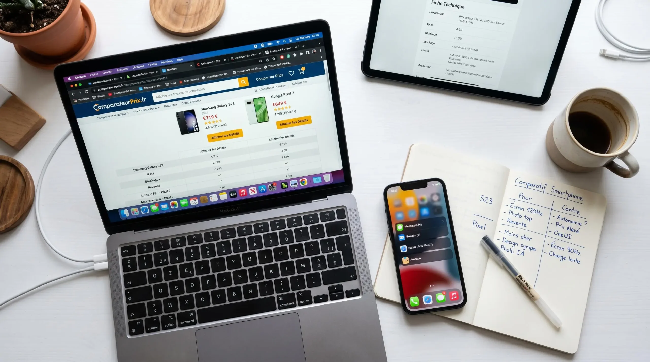 Vue aérienne d'un bureau avec ordinateur, smartphone et tablette affichant comparateurs et avis clients, illustrant la complexité du processus de décision d'achat en ligne