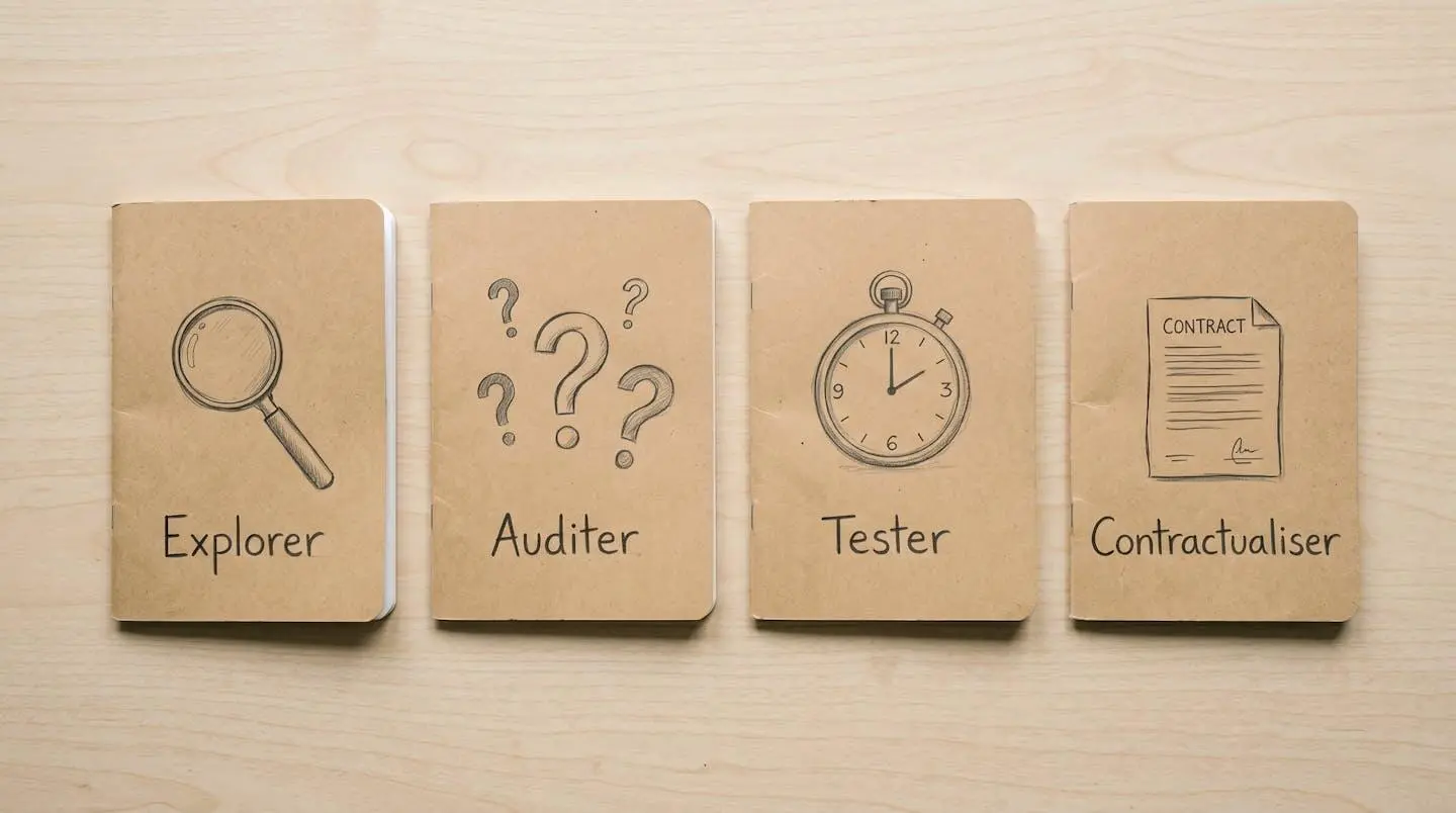 Vue aérienne de quatre carnets ouverts symbolisant les 4 phases de sélection d'un collecteur : explorer, auditer, tester, contractualiser