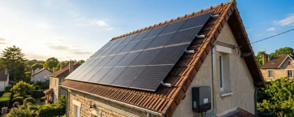 Vue en contre-plongée de panneaux solaires photovoltaïques noirs installés sur une toiture résidentielle française avec ciel bleu dégagé et environnement périurbain en arrière-plan
