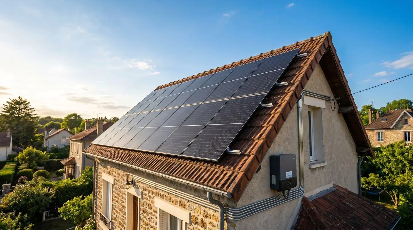 Vue en contre-plongée de panneaux solaires photovoltaïques noirs installés sur une toiture résidentielle française avec ciel bleu dégagé et environnement périurbain en arrière-plan