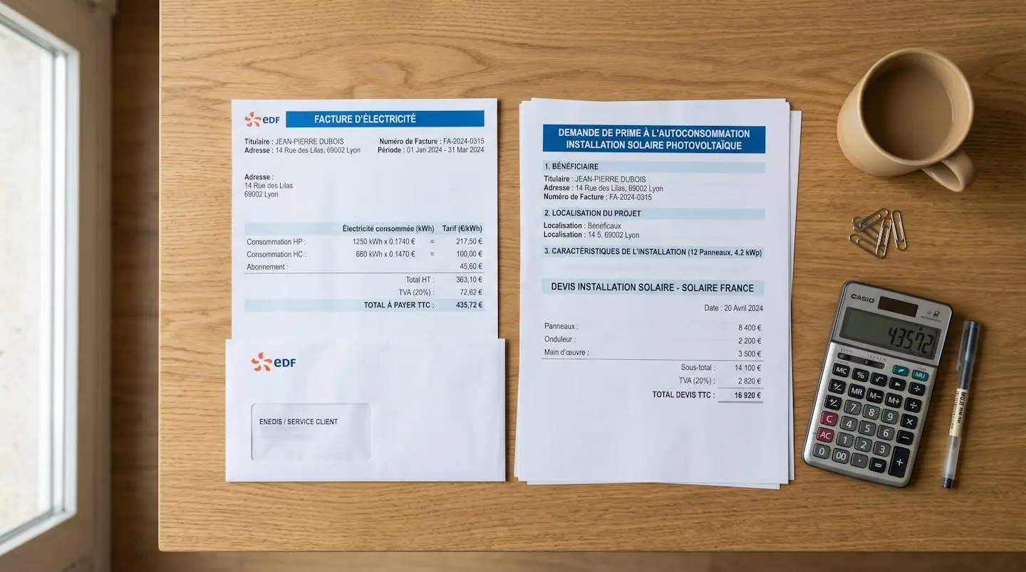 Vue de dessus d'une facture d'électricité française, d'une calculatrice et de documents administratifs de demande d'aides pour installation photovoltaïque disposés sur un bureau contemporain