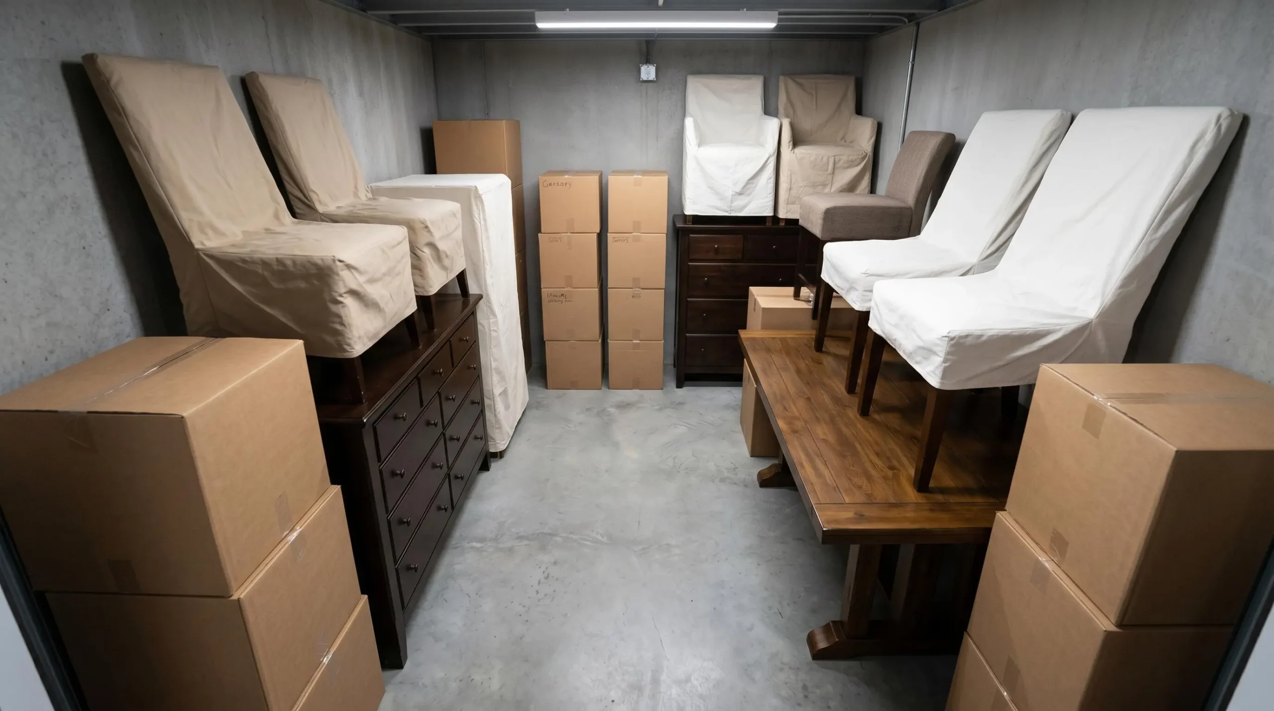 Vue en plongée d'un box de stockage organisé avec meubles lourds au sol le long des murs, objets légers empilés au-dessus, allée centrale dégagée et espacement visible entre les éléments