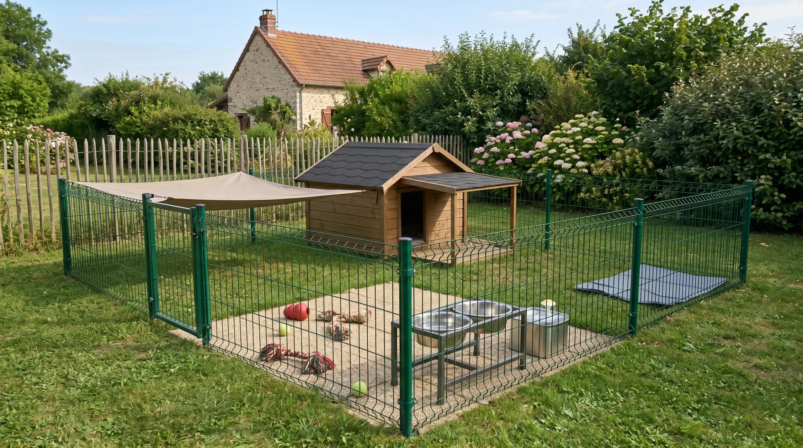 Vue en plongée d'un enclos extérieur spacieux pour grand chien avec niche en bois à toit shingle et terrasse couverte, zone ombragée, gamelle surélevée, fontaine à eau, jouets interactifs Kong et corde, tapis rafraîchissant, dans jardin périurbain français avec pelouse et dalles, clôture bois et arbustes en arrière-plan
