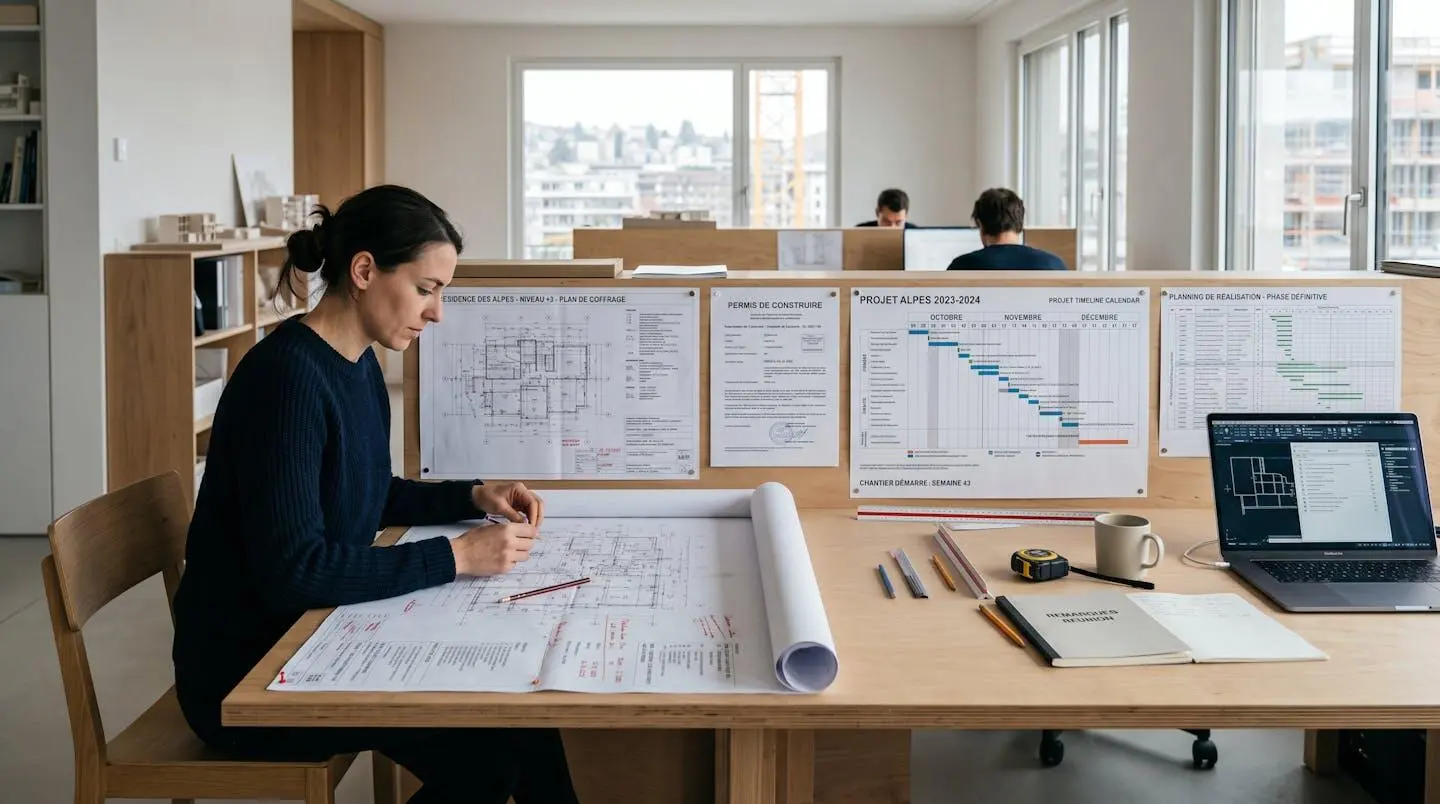 Bureau d'architecte avec plans de construction, permis de construire et calendrier de projet étalés sur une table