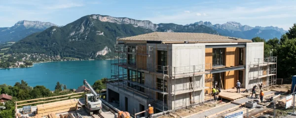 Maison moderne en construction avec vue sur le lac d'Annecy et les montagnes, chantier organisé avec matériaux de construction