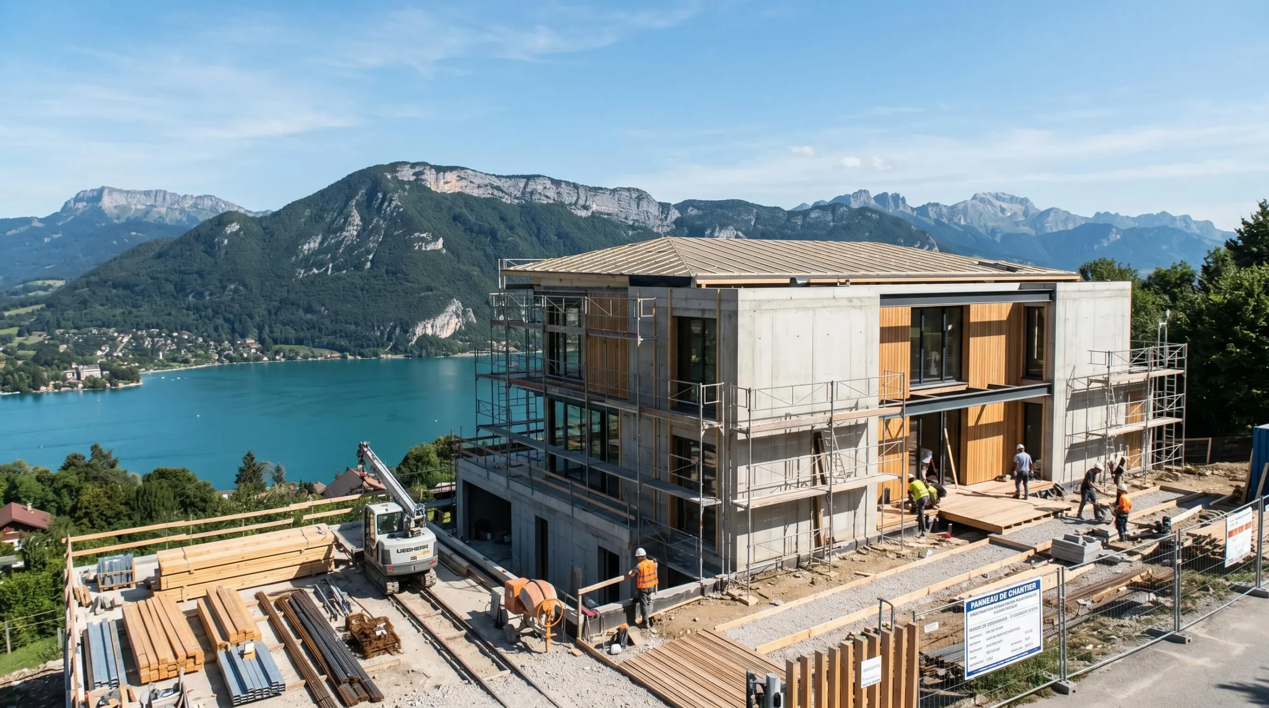 Maison moderne en construction avec vue sur le lac d'Annecy et les montagnes, chantier organisé avec matériaux de construction