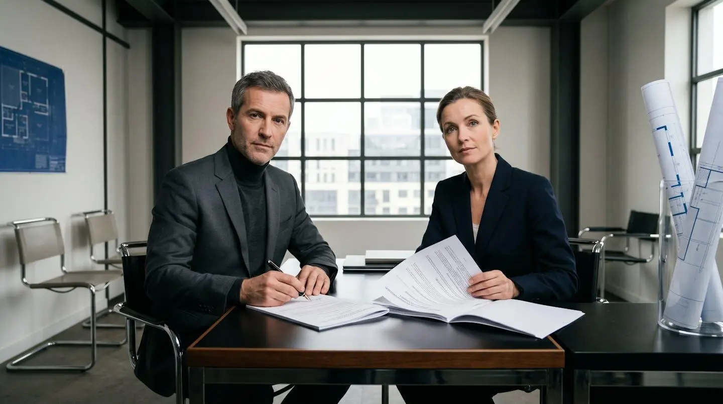 Signature de contrat CCMI sur un bureau avec documents de garanties constructeur