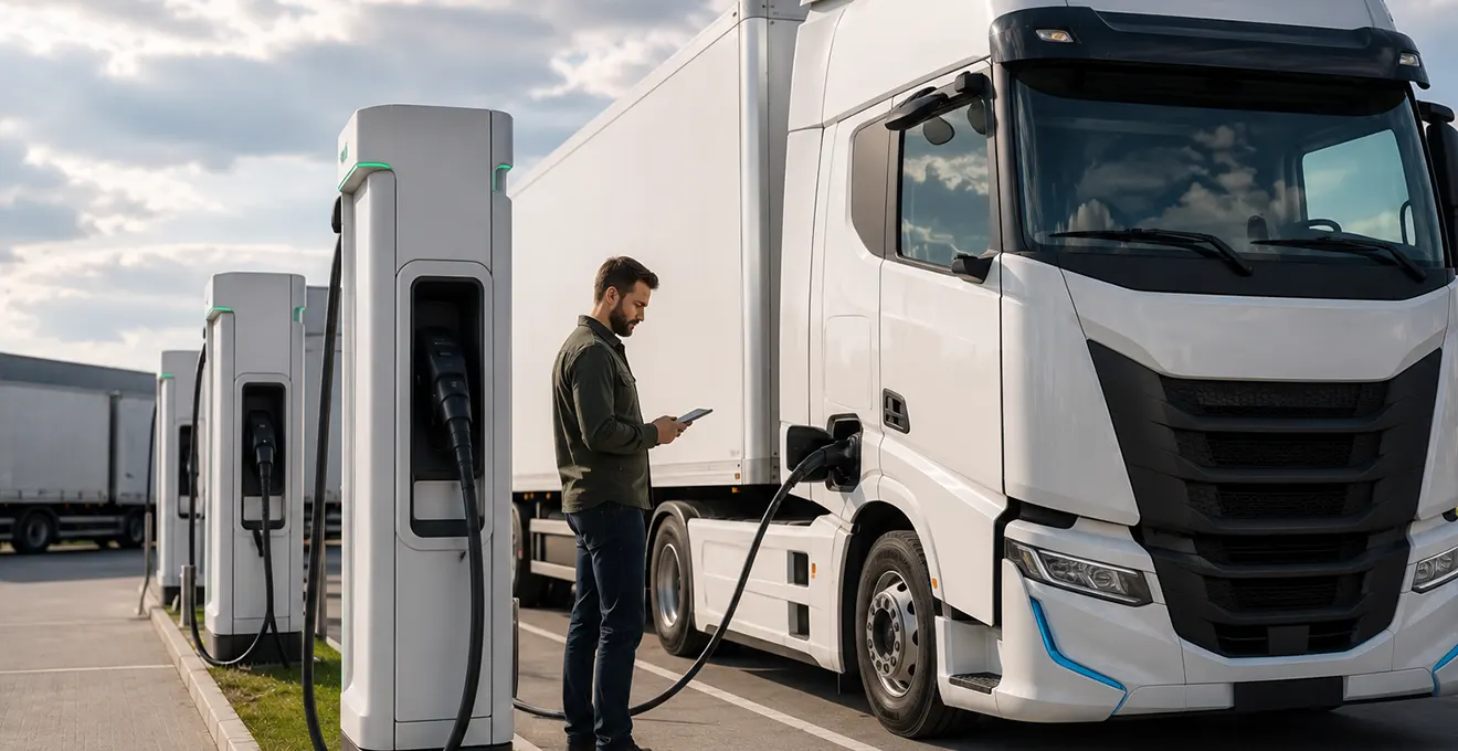 Chauffeur routier effectuant un contrôle pré-départ sur son camion électrique dans un contexte professionnel matinal
