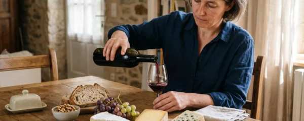 Une personne verse du vin rouge dans un verre à côté d'un plateau de fromages variés sur une table en bois