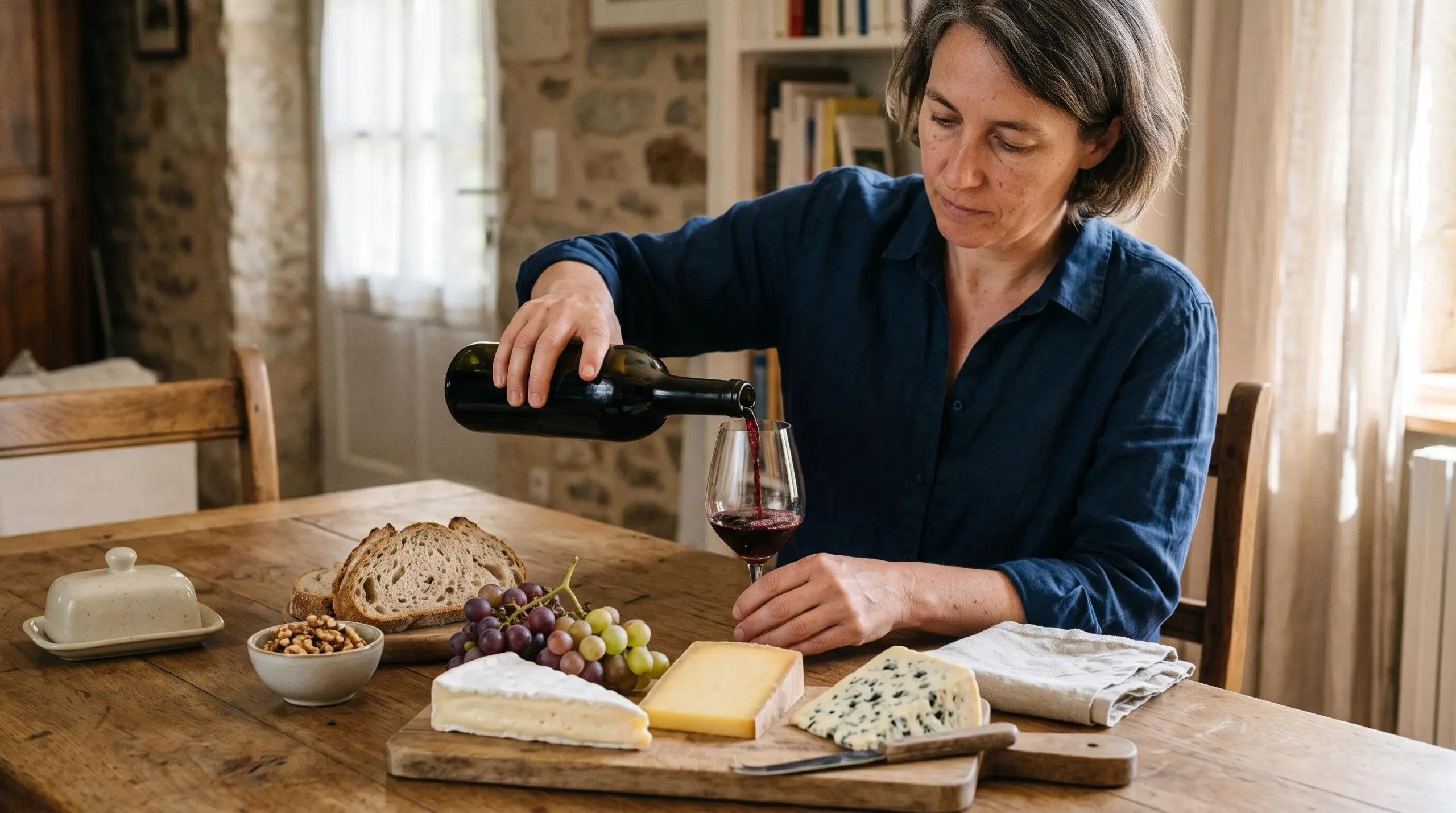 Une personne verse du vin rouge dans un verre à côté d'un plateau de fromages variés sur une table en bois