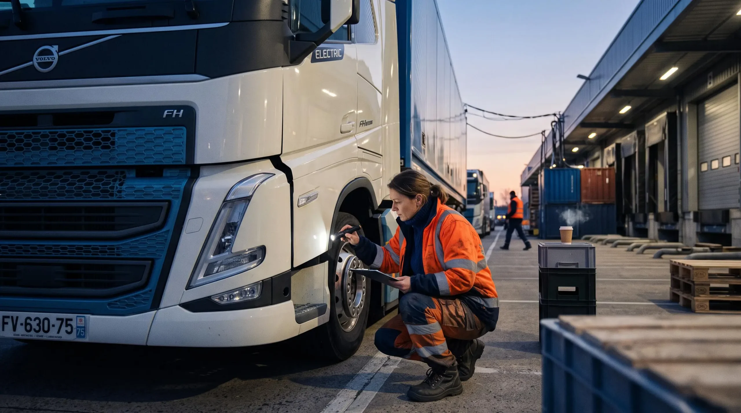 Borne de recharge rapide pour poids lourd avec câble de charge branché sur un camion électrique dans un dépôt logistique