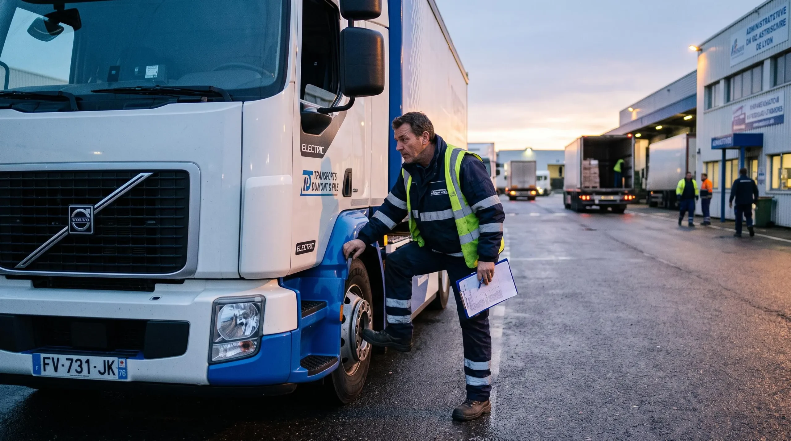 Chauffeur routier effectuant un contrôle pré-départ sur son camion électrique dans un contexte professionnel matinal